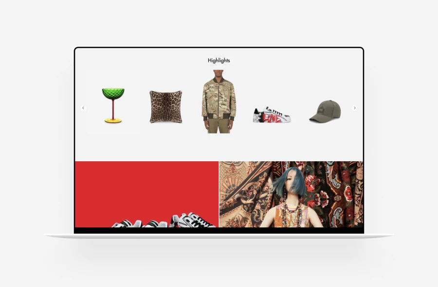 Dolce & Gabbana homepage presenting all kinds of products as a highlights slider